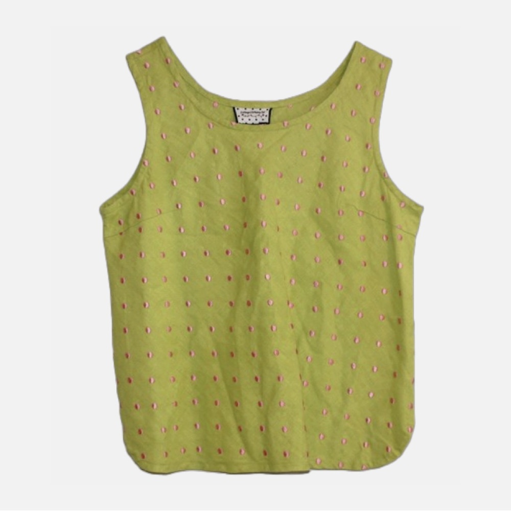 VTG 100% Linen Cottagecore Green & Pink Polka Dot Sleeveless Tank Top Women's M
